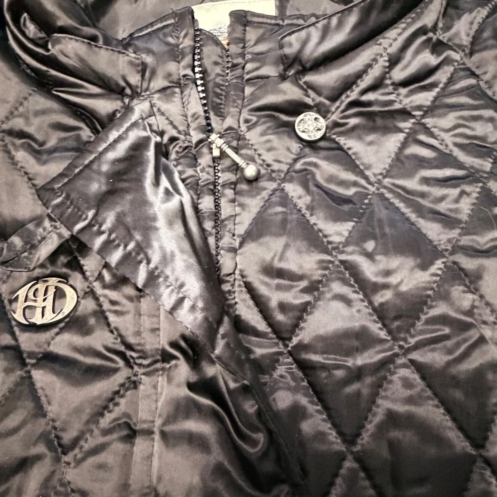 Harley Davidson Quilted Vest Women XL  Black Moto Biker Satin Riding logo Y2K‎
